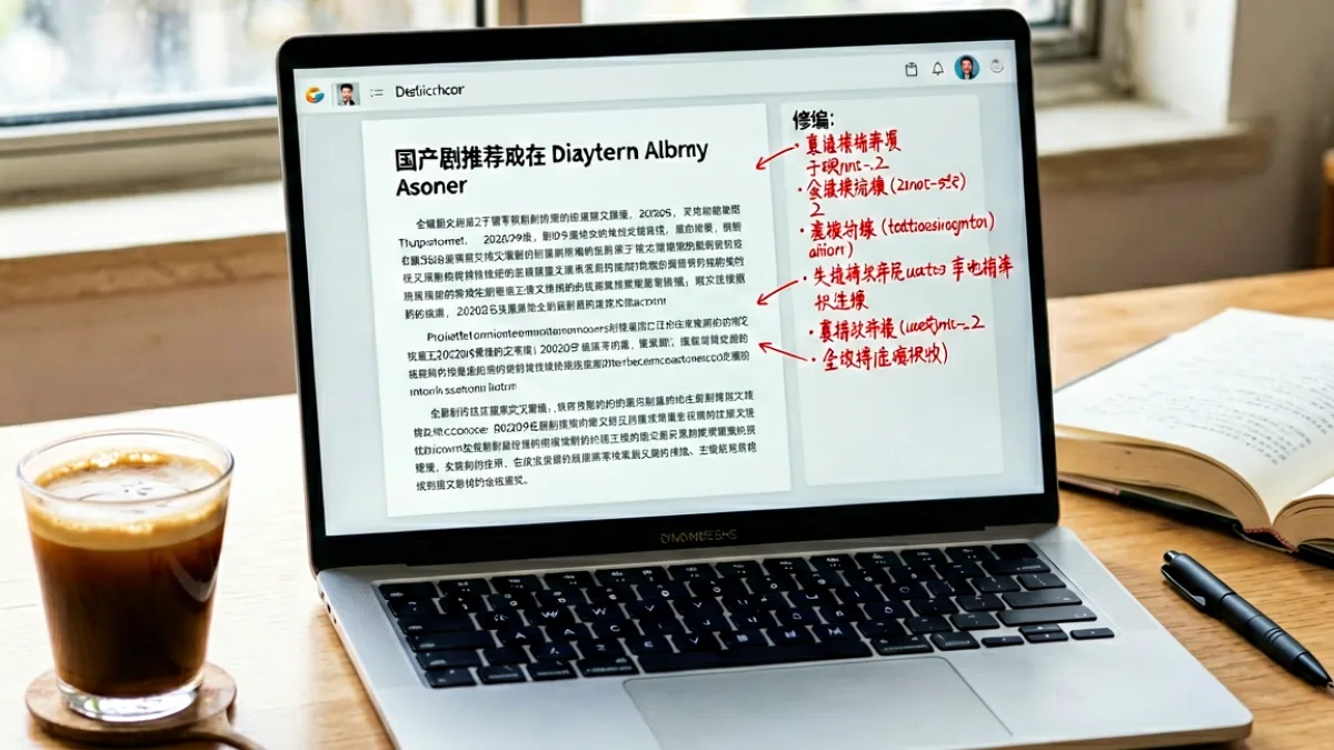 电脑屏幕上显示着稿件校对系统的界面，左侧是待审核的剧集推荐文章草稿，右侧是编辑标注修改意见的界面，桌面上放着一杯咖啡和一本摊开的剧本笔记