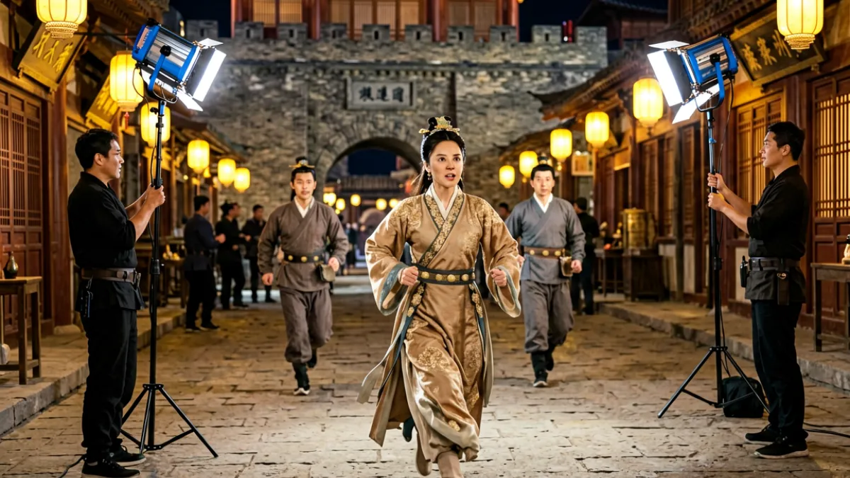 一部古装悬疑剧的夜间拍摄现场，演员身着唐代服饰在仿古街道上进行追戏份，灯光师正在调整古风灯笼照明设备