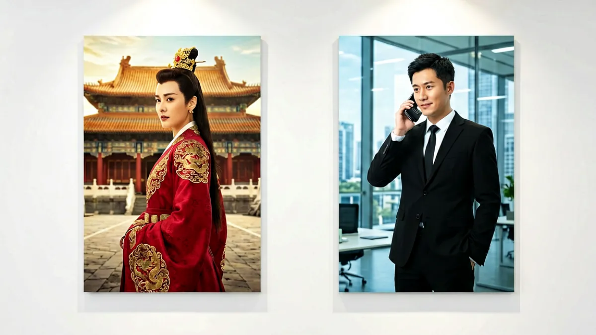 古装剧与现代都市剧的并排海报墙，左侧穿古装的演员侧身回眸，右侧穿西装的演员在办公环境里打电话